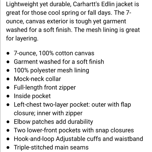 Carhartt Edlin Cotton Canvas Jacket- Mesh Lined - Picture 8 of 10